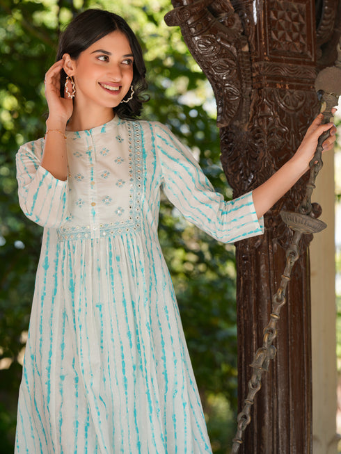 White Pure Cotton Tie & Dye Mirror Work A-line Kurta Pant Set
